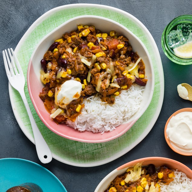Cheesy Beef Chilli Bowls with Rice & Sour Cream