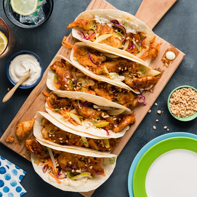 Korean Fried Chicken Tacos with Ginger Slaw & Peanuts