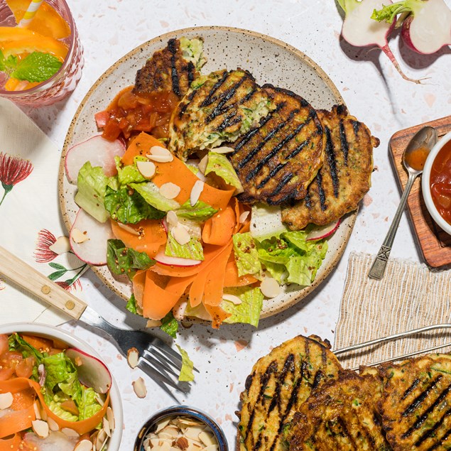 Courgette & Broccoli Skillet Cakes with Fresh Spring Salad