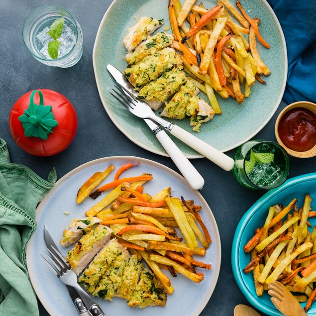 Easy Cheesy Crumbed Chicken with Veggie Chips