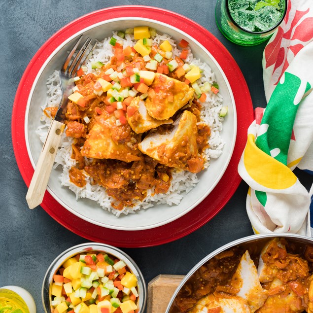 Kasundi Fish with Mango & Cucumber Salad