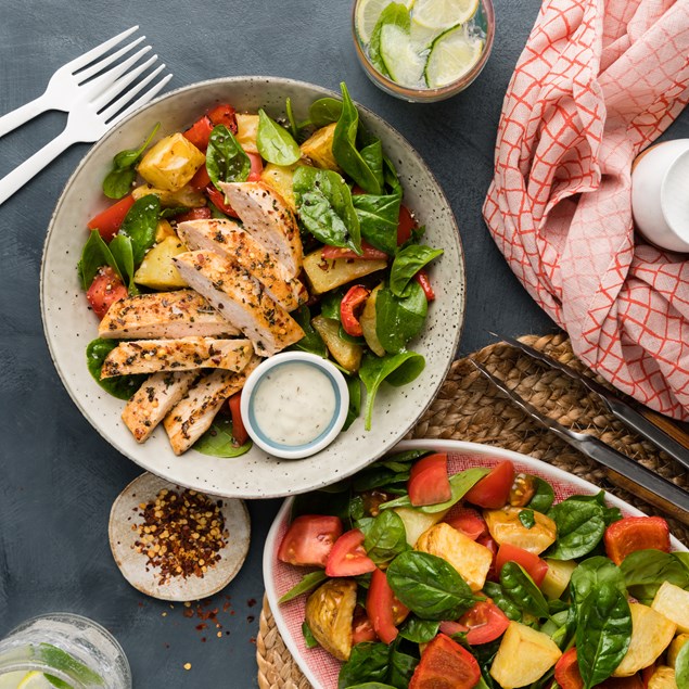 Paprika Pan-Fried Chicken with Roast Potato Salad & Picklenaise