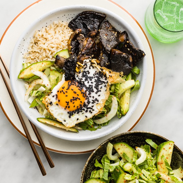 Sesame Fried Egg Bibimbap with Brown Rice & Quick Cucumber Kimchi