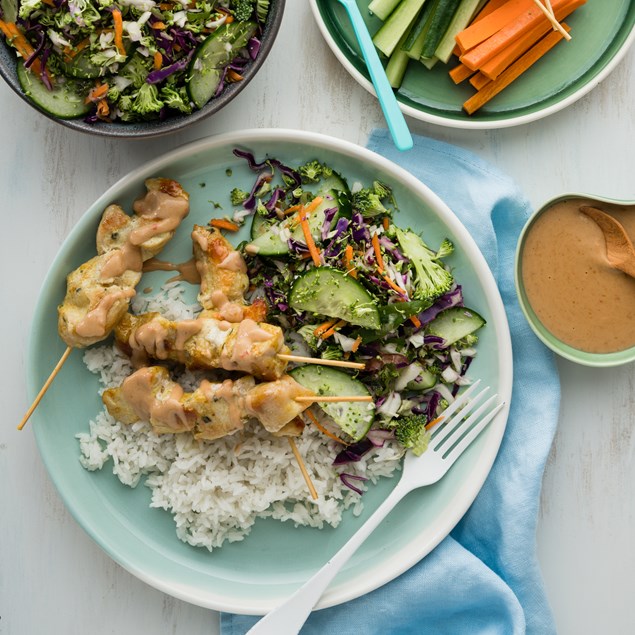 Peanut Satay Chicken Skewers with Coconut Rice & Slaw