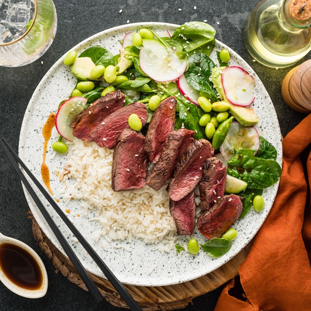 Seared Venison Tataki Salad with Edamame & Ponzu Dressing