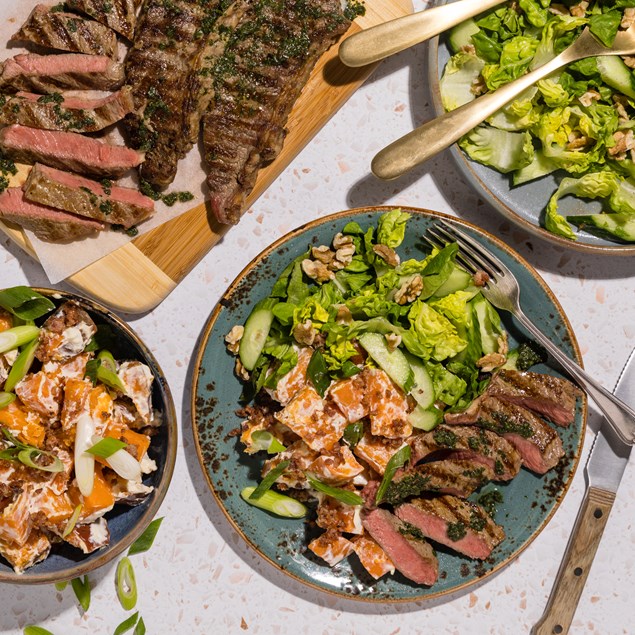 Herby Garlic Beef Sirloin Steaks with Creamy Bacon & Kumara Salad