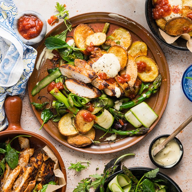 Paprika Chicken with Patatas Bravas & Asparagus Salad