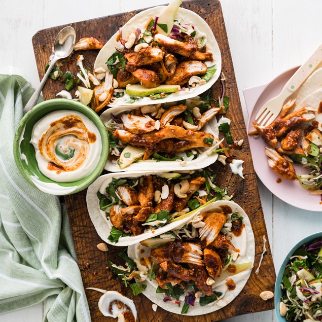 Korean Fried Chicken Tacos with Ginger Slaw & Cashews