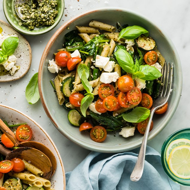 Pesto & Courgette Pasta Salad with Tomato Basil Salsa