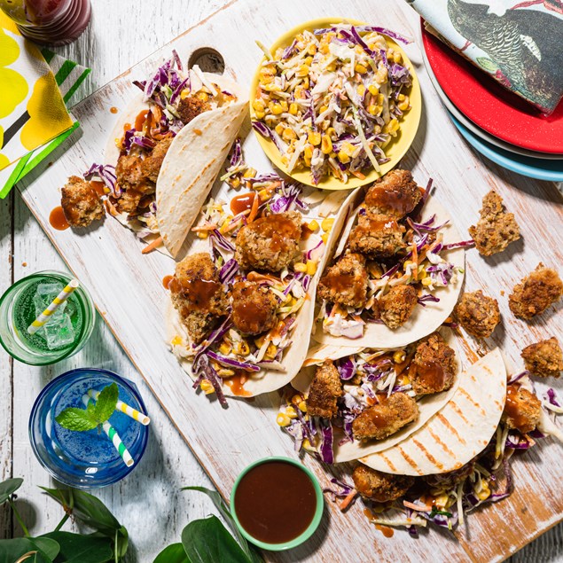 Crispy Crumbed Popcorn Pork Tacos with Charred Corn Slaw & Katsu Sauce