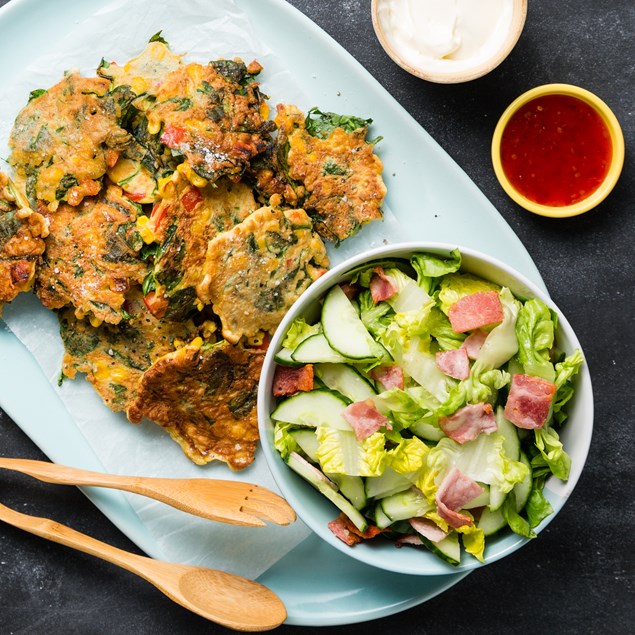 Crispy Corn Fritters & Bacon Salad with Sour Cream