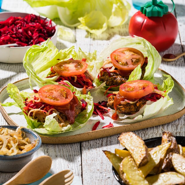 Naked Beef Burgers with Caramelised Onions & Potato Wedges
