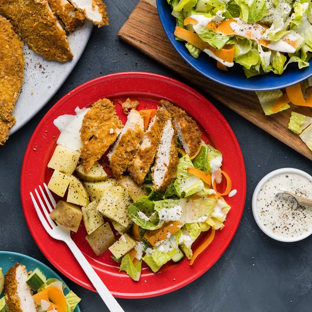 Crispy Chicken Salad with Buttered Potatoes & Ranch Dressing