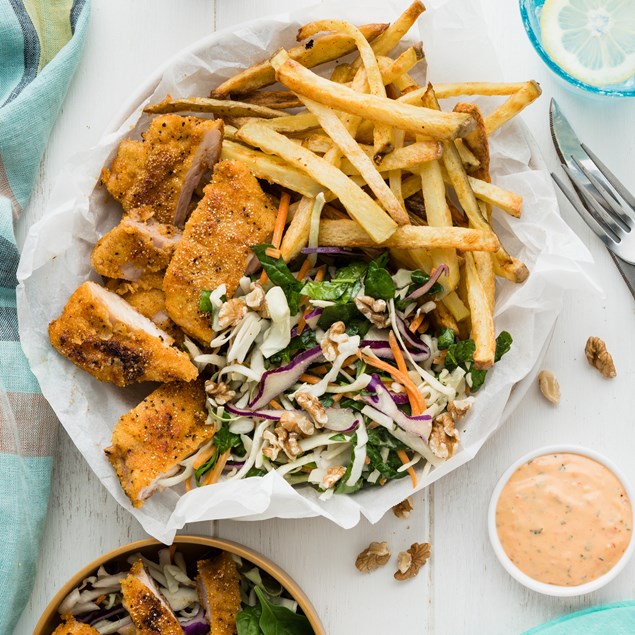 Polenta Crusted Chicken with Skinny Garlic Fries