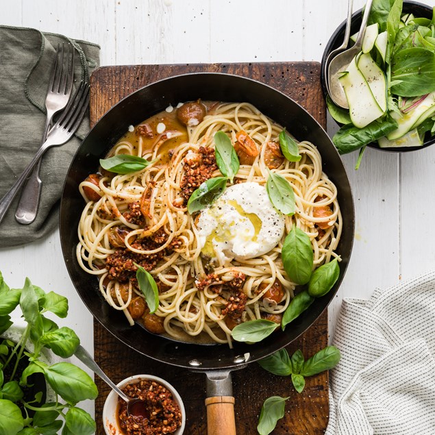 Charred Cherry Tomato Spaghetti with Burrata, Tomato Pesto & Basil