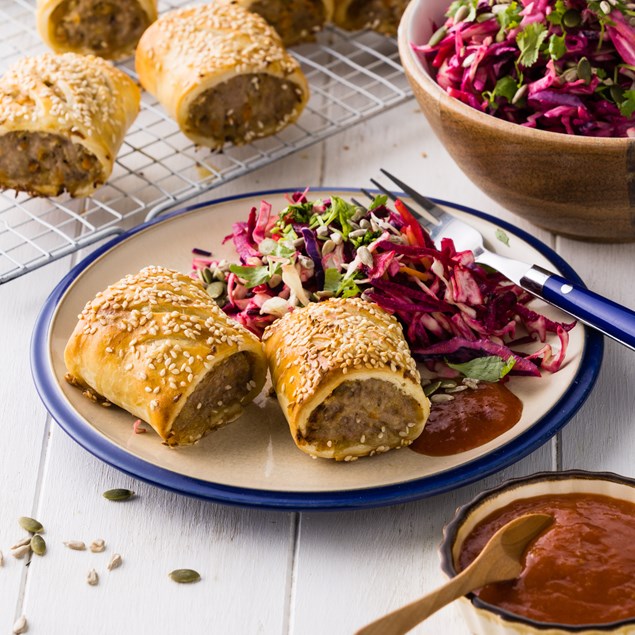 Kiwi As Pork Sausie Rolls with Beetroot Slaw