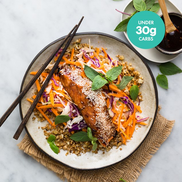 Teriyaki Glazed Salmon with Cauli Rice & Slaw