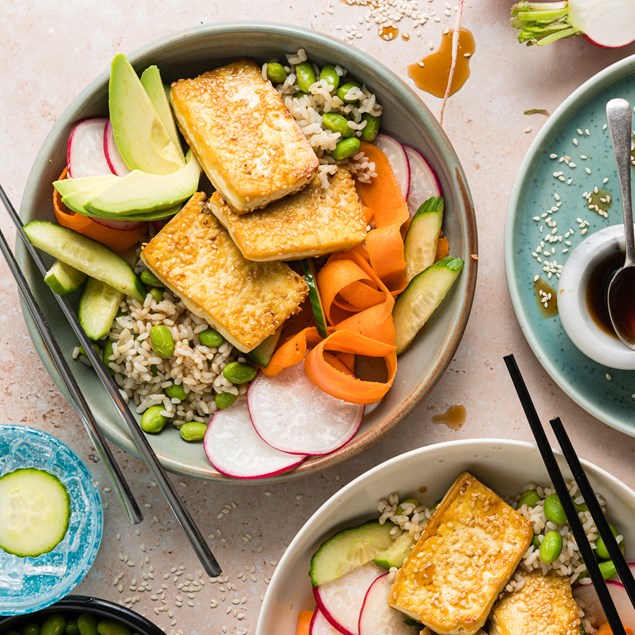 Summer Tofu Poke Bowl with Edamame Rice & Lime Ponzu