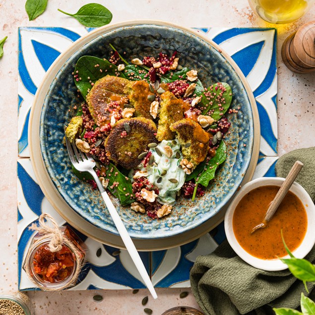 Crispy Falafel Bowl with Beetroot Tabbouleh & Cucumber Yoghurt