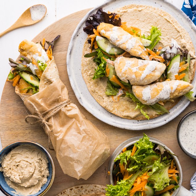 15-Minute Garlicky Lemon Chicken Wraps with Tzatziki & Hummus