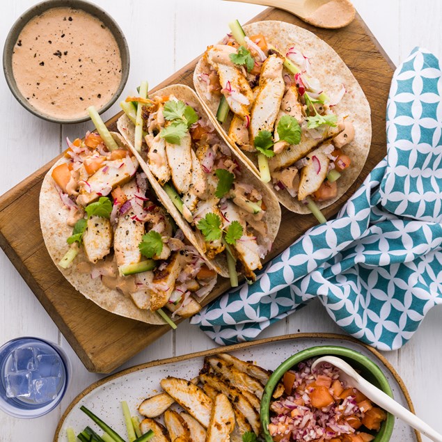 Thai Red Chicken Tacos with Coconut Curry Sauce & Fresh Coriander