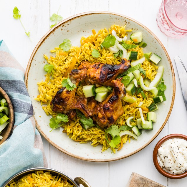Sticky Indian Chicken Nibbles with Seeded Pilaf & Yoghurt