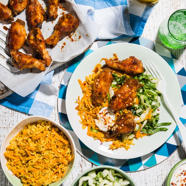 Sticky Indian Chicken Nibbles with Spiced Pilaf & Yoghurt