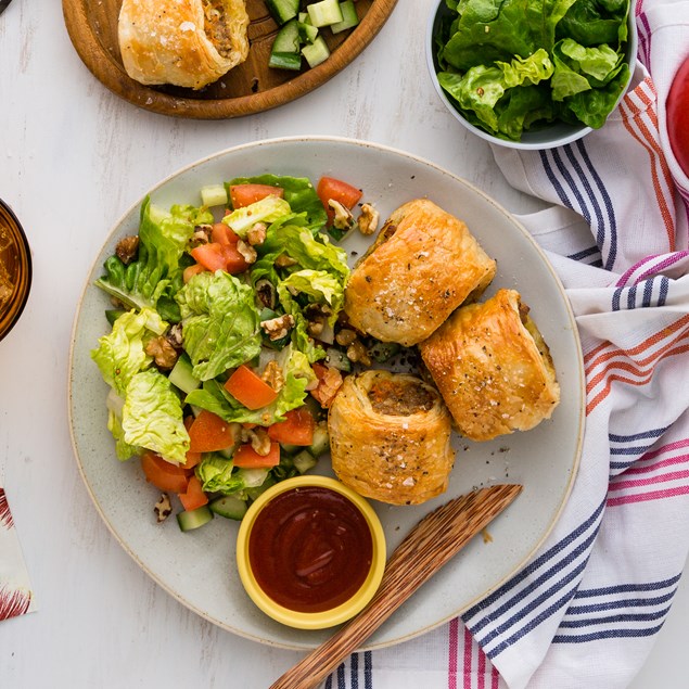 Best Ever Pork Sausie Rolls with Walnut Salad