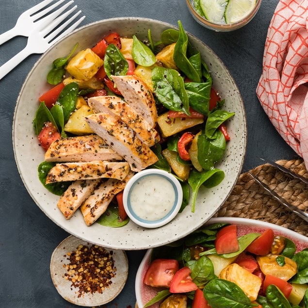 Paprika Pan-Fried Chicken with Roast Potato Salad & Picklenaise