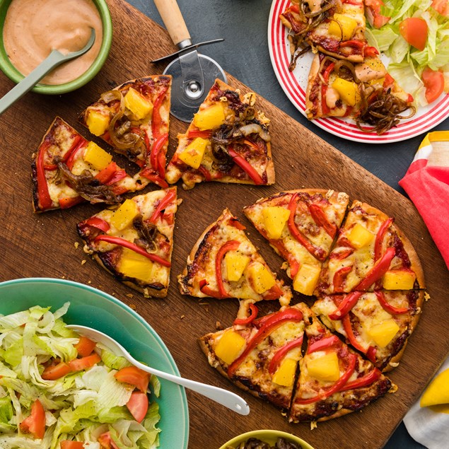 Hawaiian Veggie Pizzas with Caramelised Onions