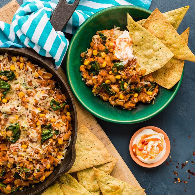 Mexi White Bean Chilli  with Homemade Tortilla Chips & Sour Cream