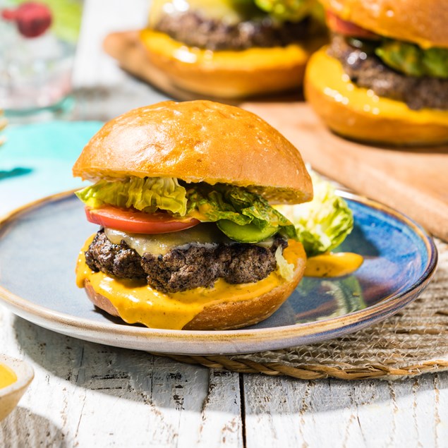 15-Minute Wagyu Beef Cheeseburgers with Pickle Mustard & Salad