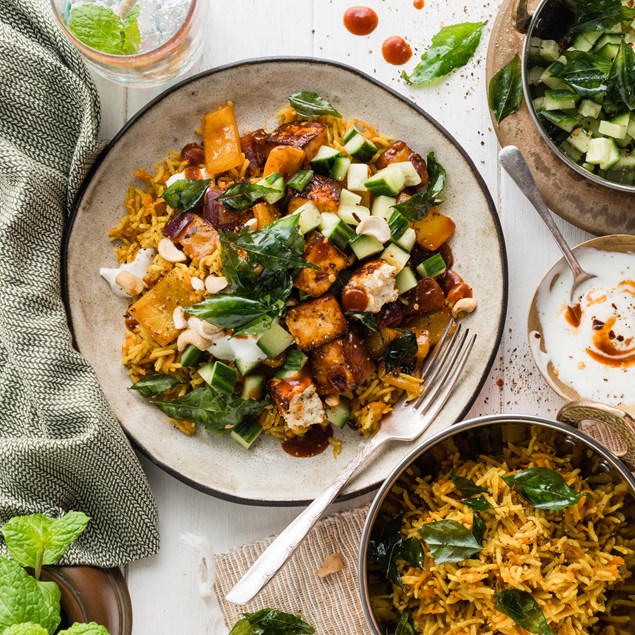 Sticky Indian Sweet Chilli Paneer with Pilau & Yoghurt