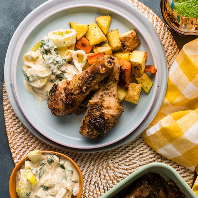 Herby Roast Chicken Drums with Creamy Leek & Roasties