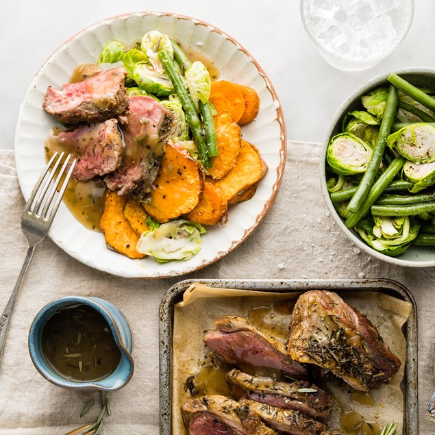 Butterflied Lamb Leg Roast with Kumara, Brussels & Rosemary Gravy