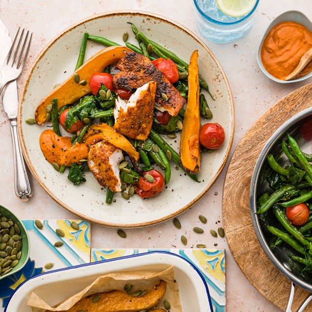 Smoky Paprika Fish with Pepita Roasted Butternut & Romesco