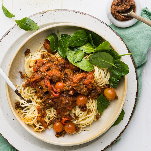 15-Minute Beef Bolognese with Fresh Spaghetti & Sicilian Pesto
