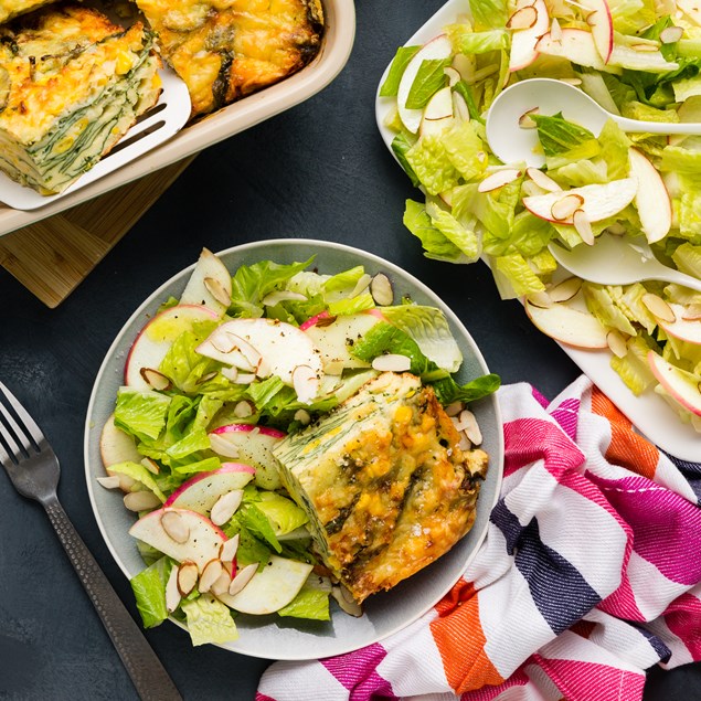 Cheesy Spinach & Corn Quiche with Radish Salad