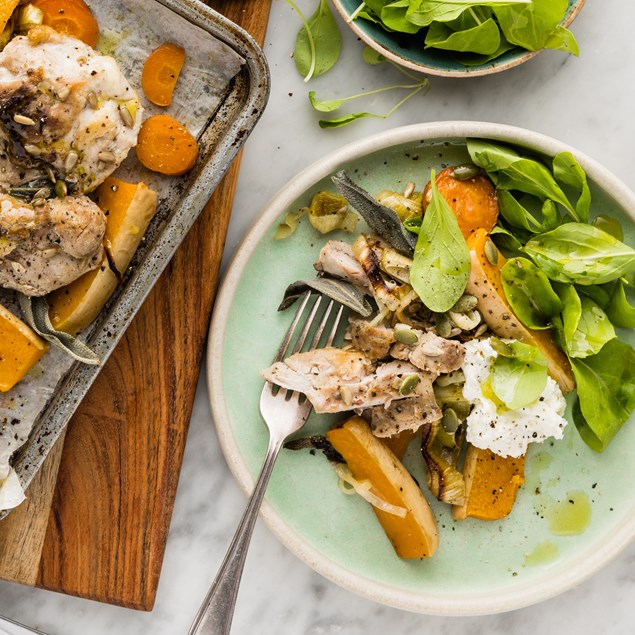 Sage Roasted Chicken Thighs with Pumpkin Wedges & Zesty Lemon Ricotta