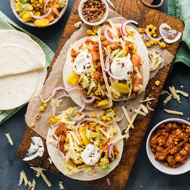 Smoky Chickpea Tacos with Charred Corn & Avocado Salsa