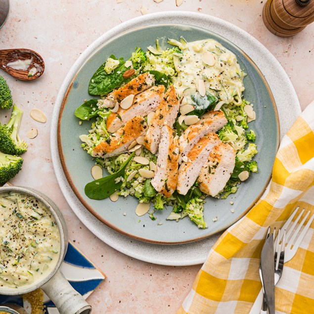 Pan-Seared Tarragon Chicken with Creamed Courgette & Bulgur Salad