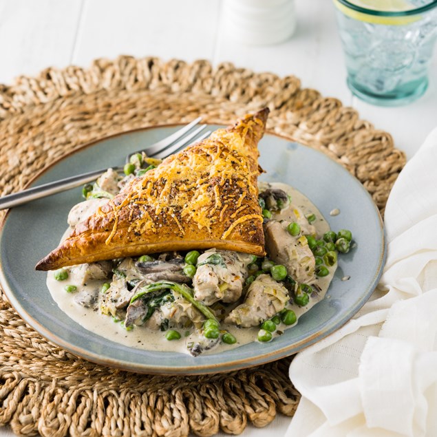 Cheats Chicken and Mushroom Pie  with Crunchy Parmesan Pastry Puffs