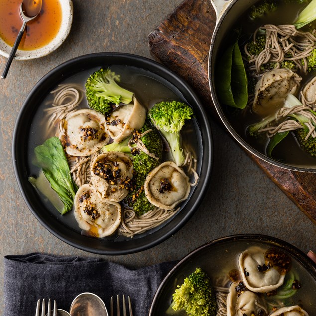 Warming Chicken & Coriander Dumpling Noodle Soup with Asian Greens & Chilli Oil