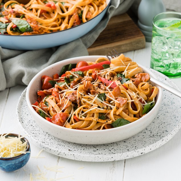 15-Minute Bacon Fettucine with Sicilian Pesto and Parmesan