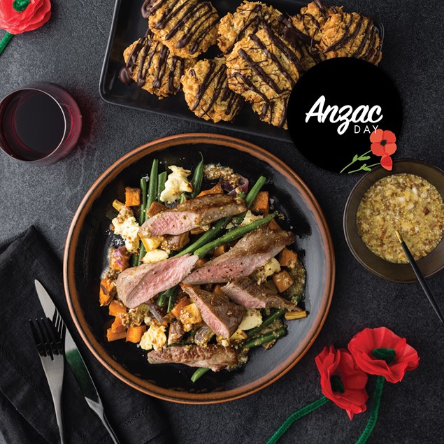 Gourmet Lamb Fillet with Feta Roasted Kumara & Chocolate Dipped Anzac Biscuits