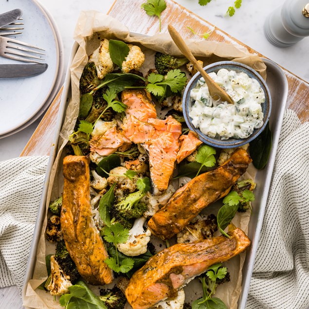 Tandoori Baked Salmon with Indian Roasted Vegetables & Yoghurt Raita