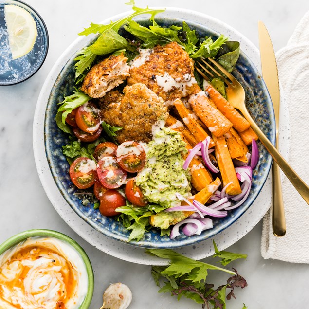 Spicy Chicken Burger Bowls  with Kumara Chips & Guacamole