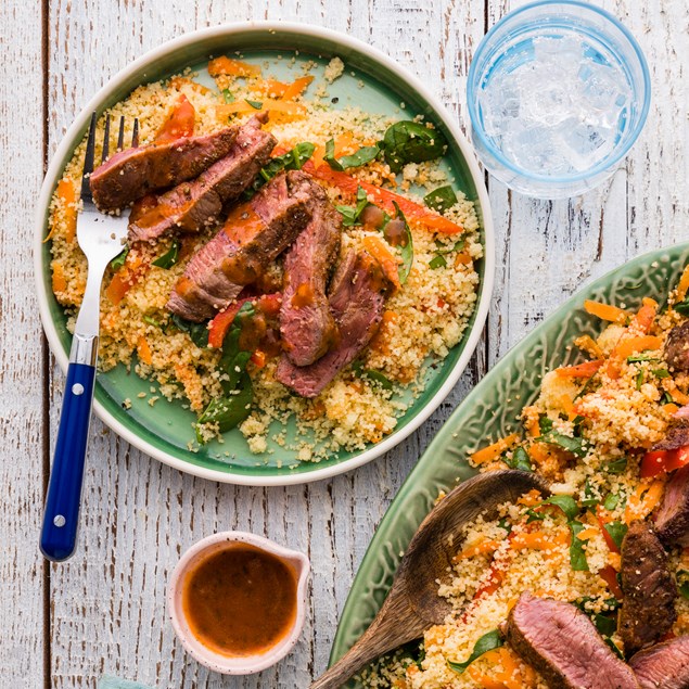 20-Minute Spiced Beef Steaks with Couscous & Sun-Dried Tomato Dressing