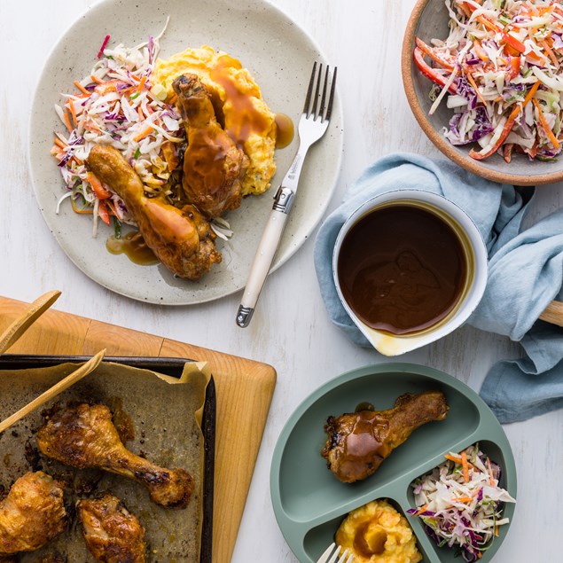 Southern Baked Chicken Drums with Mash, Slaw & Gravy