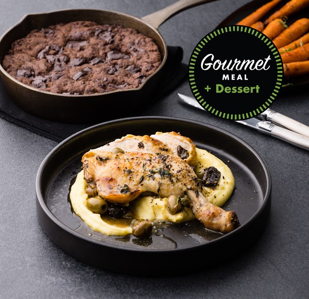 Gourmet Chicken Marbella with Garlic Butter Mash & Double Chocolate Skillet Cookie
